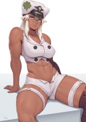 1girls abs absurd_res adonis_belt amber_eyes breasts cleavage dark-skinned_female dark_skin female guilty_gear hi_res large_breasts looking_at_viewer muscular muscular_female navel ramlethal_valentine shorts signature simple_background sitting sitting_down solo speedl00ver spread_legs thick_thighs thigh_strap thighs white_background white_hair