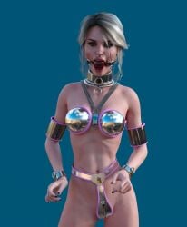 1girls 3d 3d_(artwork) arm_cuffs ball_gag bdsm bondage breasts chastity_belt chastity_bra chastity_device ciri ciri_(cosplay) ciri_(daz) collar cuffs daz_studio female female_chastity female_only femsub gag gagged joaquinpiton lock medium_breasts metal_bikini metal_collar navel no_background padlock pasties piercing septum_piercing solo solo_female submissive submissive_female the_witcher_(series) white_hair