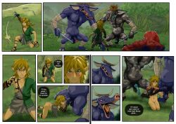 3boys ass balls big_balls big_penis black_skin blue_penis blush caressing_testicles comic defeated english_text guro handjob human_on_humanoid hylian interspecies kokobiel link link_(tears_of_the_kingdom) male_only malesub mmm_threesome moblin monster monster_boy penis pointy_ears purple_skin spiked_penis tears_of_the_kingdom text the_legend_of_zelda threesome tucking yaoi