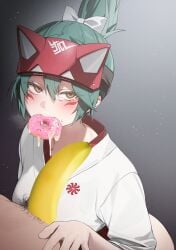 1boy 2d 2d_(artwork) 2d_artwork absurdres banana bechu blush bow brown_eyes censored commentary_request cum cum_on_food doughnut drawn facial_mark female food fox_mask fruit gradient_background green_hair grey_background hair_between_eyes hairbow half_mask highres japanese_clothes kimono kiriko_(overwatch) korean_commentary looking_at_viewer male_pubic_hair mask novelty_censor out_of_frame overwatch overwatch_2 penis pubic_hair sidelocks straight tearing_up topknot upper_body white_bow white_kimono