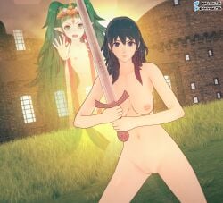 2girls 3d angry blue_eyes braid breasts byleth_(fire_emblem) byleth_(fire_emblem)_(female) completely_nude completely_nude_female fefreak726 female female_only fight fighting_stance fire_emblem fire_emblem:_three_houses ghost green_eyes green_hair large_breasts long_hair medium_hair multiple_girls navel nintendo nipples nude nude_female open_mouth outdoors pointy_ears pose pussy raised_eyebrows reaching_out small_breasts smug sothis_(fire_emblem) sword teal_hair transparent_body twin_braids twintails very_long_hair weapon