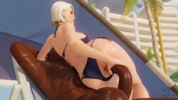 1boy 1girls 3d anal anal_penetration anal_sex animated anus ashe_(overwatch) beach beach_chair beach_sex big_penis bikini bikini_aside blender blizzard_entertainment dark-skinned_male dark_skin gaping gaping_anus handjob interracial light-skinned_female light_skin mp4 nude_male_clothed_female overwatch pygophilia3d side_saddle_position sound swimsuit swimwear tagme video white_hair