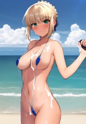 ahoge ai_generated alternate_costume annoyed areola_slip arm_behind_back arm_up artoria_pendragon_(fate) bare_shoulders beach bikini blonde_hair blue_bikini blush braid breasts closed_mouth collarbone covered_nipples cum cum_on_body cum_on_breasts cum_on_hands day fate/stay_night fate_(series) female frown green_eyes haruhisky highres large_breasts looking_at_viewer medium_breasts navel one-piece_swimsuit outdoors ribbon saber short_hair sidelocks sling_bikini slingshot_swimsuit solo standing stomach swimsuit