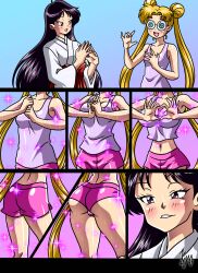 2girls admiring ass_expansion bishoujo_senshi_sailor_moon biting_lip breast_expansion breasts clothing comic dat_ass female fully_clothed glasses kyo-domesticfucker medium_breasts mid-transformation rei_hino shorts small_breasts staring_at_ass thick_thighs thigh_expansion transformation usagi_tsukino wide_hips