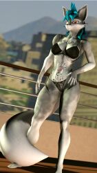 2023 3d_(artwork) 9:16 alys_(viper-desires) anthro balcony belly_tattoo blue_hair bra breasts canid canine chest_tattoo clothed clothing detailed_background digital_media_(artwork) female fingers fluffy fluffy_tail fox fur genitals grey_body grey_fur hair hand_on_hip hand_on_own_hip hi_res lingerie long_tail looking_at_viewer mammal multicolored_body multicolored_fur panties pussy red_eyes smile solo source_filmmaker tail tattoo translucent translucent_clothing translucent_panties translucent_underwear two_tone_body two_tone_fur underwear underwear_only viper-desires