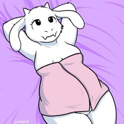 anthro black_eyes boss_monster bovid breasts caprine chubby chubby_female female female_only fur genitals hands_behind_head mammal nipples nishi_oxnard nishioxnard pink_towel purple_sheets pussy smile solo solo_focus toriel towel towel_only undertale undertale_(series) white_body white_fur