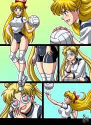 2girls bishoujo_senshi_sailor_moon bow clothing comic crotch female glasses gym_uniform huge_ass huge_breasts kyo-domesticfucker large_breasts medium_breasts minako_aino pre-transformation thick_thighs transformation twinning usagi_tsukino volleyball_uniform wide_hips