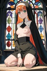 ai_generated church green_eyes kneeling looking_at_viewer nun red_hair skirt small_breasts stable_diffusion stained_glass topless