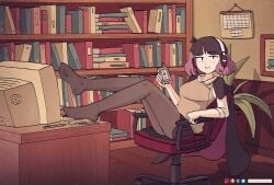 black_cape black_eyes black_hair black_skirt breasts cassette_player grey_legwear grey_vest happy happy_female headphones hilda_(series) kaisa_(hilda) keetydraws legwear looking_at_viewer open_mouth pantyhose purple_hair shirt sitting sitting_on_chair skirt thighs two_tone_cape two_tone_hair vest white_shirt