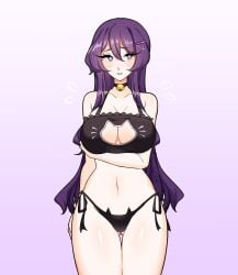 1girls artist_request big_breasts breasts cat_keyhole_bra cat_keyhole_lingerie cleavage doki_doki_literature_club female female_only keyhole_bra long_hair navel purple_eyes purple_hair shiny_skin solo solo_female solo_focus thick_thighs thighs unknown_artist unknown_source yuri_(doki_doki_literature_club)