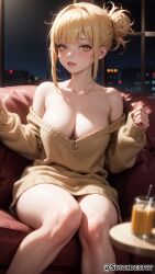 ai_generated bare_shoulders blonde_hair blush cleavage collarbone female female_only himiko_toga looking_at_viewer medium_breasts my_hero_academia solo_female suicidespit sweater sweater_only thick_thighs thighs yellow_eyes