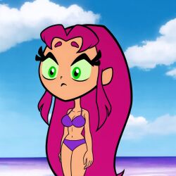 1girls ai_generated alien alien_girl beach big_breasts big_eyes bikini cartoon_network cats62 cute dc female green_eyes koriand'r long_hair medium_breasts ocean pink_hair purple_bikini purple_swimsuit sea seaside stable_diffusion starfire swimsuit teen_titans teen_titans_go water