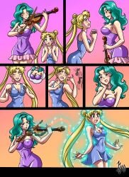 2girls bishoujo_senshi_sailor_moon clothing comic dress erect_nipples erect_nipples_under_clothes female huge_ass huge_breasts kyo-domesticfucker large_breasts michiru_kaiou pre-transformation small_breasts thick_thighs transformation twinning usagi_tsukino wide_hips