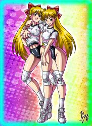 2girls ass_expansion bishoujo_senshi_sailor_moon bow breast_expansion cameltoe clothing crotch erect_nipples erect_nipples_under_clothes female gym_uniform high_heel_boots huge_ass huge_breasts identity_death kyo-domesticfucker large_breasts medium_breasts midriff midriff_peek minako_aino navel nipples post_transformation sneaker_high_heels thick_thighs thigh_expansion transformation twinning usagi_tsukino volleyball volleyball_uniform wide_hips yuri