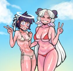 2girls azazel_(helltaker) baphomet baphomet_(grizz) beach big_breasts bikini bikini_bottom bikini_top black_hair blue_eyes demon demon_girl demon_horns female female_only gonzalo_costa halo helltaker light-skinned_female light_skin long_hair looking_at_viewer navel peace_sign red_body red_eyes red_skin short_hair swimwear white_hair wide_hips