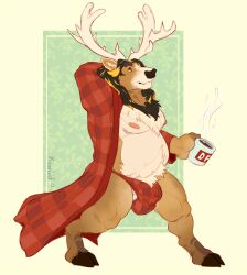 2023 anthro antlers balls bathrobe beverage bodily_fluids body_hair brown_body brown_fur clothed clothing coffee coffee_mug dafallen0ne deer digital_media_(artwork) full-length_portrait fur genital_fluids genitals hair happy_trail hooves horn jockstrap_bulge koorivlf male mammal mostly_nude_male muscular nipples open_clothing open_robe plaid portrait precum robe signature simple_background slightly_chubby smile solo steam thick_thighs