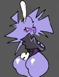 angry angry_face ass big_ass big_thighs blushing bunny_ears bunny_tail bunnysuit butt crossed_arms eyelashes fat_ass glistening glistening_ass glistening_butt huge_ass huge_thighs looking_at_viewer looking_back mad mad_face no_pants purple_blush purple_eyes purple_skin spiky_hair tagme tight_clothing