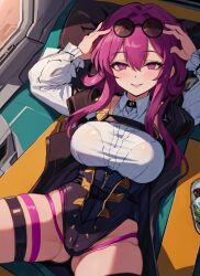 1girls ai_generated archway_of_venus big_breasts curvy glasses_on_head hi_res honkai:_star_rail kafka_(honkai:_star_rail) large_breasts leotard lying lying_on_back mabi_ai parted_lips red_eyes red_hair slender_waist smile spread_legs thick_thighs wide_hips