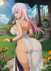 1girls ai_generated ass backless_outfit big_ass big_breasts blue_eyes dark-skinned_female dark_skin dress enen_no_shouboutai fire_force from_behind hi_res large_ass large_breasts mabi_ai pink_hair princess_hibana thick_thighs wide_hips