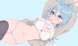 arms_up blue_hair bra cardigan dragon_girl elira_pendora elira_pendora_(3rd_costume) head_wings heterochromia lucas_(artist) navel nijisanji nijisanji_en open_mouth panties shirt_up skirt_down smile sweater virtual_youtuber white_bra white_panties wide_hips