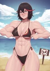 1girls abs absurd_res alternate_muscle_size asian_female biceps bikini black_hair blue_eyes blush breasts cleavage cowboy_shot embarrassed hi_res highleg highleg_bikini imminent_undressing kill_la_kill looking_at_viewer matoi_ryuuko medium_breasts multicolored_hair muscular muscular_arms muscular_female navel outdoors red_hair senketsu short_hair sign signature solo speedl00ver sweat swimsuit tomboy underboob