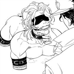 2boys amputee anal anal_object_insertion black_and_white blindfold diamond_is_unbreakable dio_brando drooling fangs gag gagged gay hat huang_lia jojo's_bizarre_adventure jotaro_kujo lips long_hair male male_focus monochrome multiple_boys nipples no_color object_insertion quadruple_amputee short_hair stardust_crusaders vampire yaoi