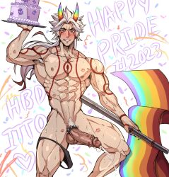 abs arataki_itto big_penis birthday birthday_cake cock_ring cum flag gay genshin_impact genzonillablack holding_cake holding_object lgbt_pride long_hair long_penis male_only muscular muscular_male pride_colors rainbow_flag rainbow_horn tattoo underwear_around_one_leg