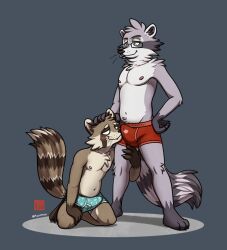 anthro bulge clothing crotch_sniffing duo fudatsu hi_res jono male male/male okietheraccoon sniffing underwear underwear_sniffing