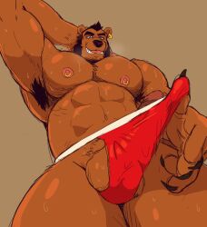 2023 abs anthro armpit_hair balls barazoku bear beard biceps big_balls big_muscles bodily_fluids body_hair brown_background brown_bear brown_body brown_fur brown_hair claws clothed clothing clothing_pull ear_piercing ear_ring eyebrows facial_hair fur genitals ghoskee hair hand_behind_head henry_harris_baxter hi_res huge_muscles low-angle_view male male_only mammal muscular muscular_anthro muscular_male narrowed_eyes navel nipple_piercing nipple_ring nipples obliques open_mouth open_smile pecs piercing ring_piercing seductive simple_background smile solo standing sweat teeth thick_thighs thong thong_only thong_pull tongue topless topless_anthro topless_male underwear underwear_only underwear_pull ursine