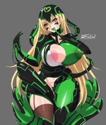 absorption alien ben_10 ben_10_omniverse blonde_hair cameltoe exposed_breasts female female_only fredicjulio galvanic_mechamorph heart-shaped_pupils large_breasts long_hair nipples original original_character pussy symbiote thick_thighs