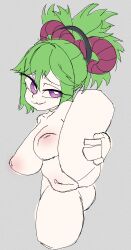 1girls areolae big_breasts big_thighs blush breasts completely_nude completely_nude_female female genshin_impact green_hair inverted_nipples kuki_shinobu nude nude_female purple_eyes sketch spread_legs standing_on_one_leg thick_thighs thighs yakinuki