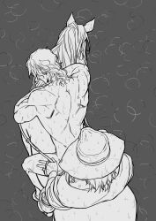 2boys anal back birthmark completely_nude dio_brando earrings gay hat hol_horse horse horseback_riding huang_lia implied_sex jewelry joestar_birthmark jojo's_bizarre_adventure long_hair male male_focus male_only monochrome multiple_boys muscular muscular_male nude rain riding sex stardust_crusaders water wet yaoi