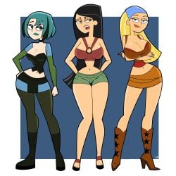 2d 3girls arms_behind_back arms_crossed artstyle_imitation belly big_breasts black_eyes blonde_hair blue_background blue_eyes blue_hair boots cartoon_network choker cleavage clenched_hand curvaceous curvy curvy_body curvy_female curvy_figure dark_hair eyebrows_raised eyelashes eyeliner eyeshadow ghostlessm goth goth_girl gwen_(tdi) hand_on_waist headband headwear heather_(tdi) highres huge_breasts light-skinned_female light_skin lindsay_(tdi) lipstick long_hair makeup medium_breasts mouth_open pose posing short_hair short_shorts shorts skimpy skimpy_clothes skirt sleeveless sleeves smile smiling_at_viewer star thick_thighs thighs total_drama_island waist white_body white_skin young younger_female