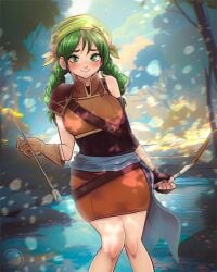 1girls 77shaya77 arrow bandana bare_thighs blush bow_(weapon) braids breasts clothed female female_only fire_emblem fire_emblem:_the_blazing_blade forest green_eyes green_hair looking_at_viewer nintendo outdoors pond rebecca_(fire_emblem) small_breasts smile solo thighs twin_braids