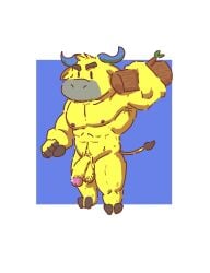 1boy abs absurd_res animal_crossing anthro armpit_hair balls biceps big_balls big_penis body_hair bovid bovine breasts bull coach_(animal_crossing) flaccid foreskin genitals hi_res huge_cock looking_at_viewer male male_focus male_only mammal muscular muscular_anthro muscular_male nintendo nipples pecs penis pubes rinrin28 simple_background simple_eyes solo solo_male yellow_body