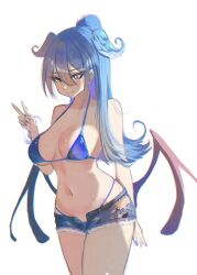 bikini bikini_top blue_hair breasts dabi_(s7nsles) denim_shorts dragon_girl elira_pendora head_wings heterochromia navel nijisanji nijisanji_en painted_nails peace_sign ponytail ripped_clothing short_shorts torn_clothes unbuttoned unbuttoned_shorts virtual_youtuber wings