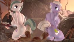 2girls arrell_(artist) big_ass cigarette female female_only limestone_pie_(mlp) marble_pie_(mlp) my_little_pony naughty_face outdoors pooping scat siblings sisters