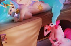 2futas 3d 3d_(artwork) anthro ass athletic_futanari big_ass big_breasts big_penis breasts fellatio furry futa_on_futa futanari hasbro horsecock licking_penis masturbation my_little_pony nicholaideus penis pinkie_pie_(mlp) princess_celestia_(mlp) straight_hair