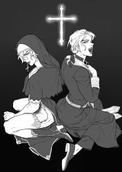 2boys ass back-to-back boots cross crossdressing dio_brando dress dual_persona fangs gay habit high_heel_boots high_heels huang_lia jojo's_bizarre_adventure lingerie long_hair long_sleeves male male_focus male_only monochrome multiple_boys nun open_mouth revealing_clothes sitting smile stardust_crusaders thighhighs underwear wariza