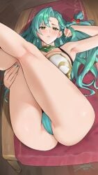 1girls aqua_hair aqua_nails aqua_panties ass blue_hair blue_nails blue_panties braid breasts cameltoe chloe_(fire_emblem) commentary earrings english_commentary female female_only fire_emblem fire_emblem_engage green_eyes highres jewelry large_ass large_breasts legs_up long_hair lying nail_polish nintendo on_back panties parted_lips pussy_juice sendrawz signature single_braid solo thighs underwear very_long_hair wet_pussy