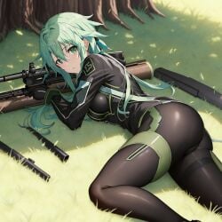 ai_generated asada_shino embarrassed grass green_eyes green_hair gun_gale_online looking_at_viewer sinon sinonlover69 sniper sword_art_online tight_clothing