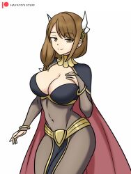 1girls alternate_costume bodystocking bodysuit braid braided_ponytail breasts brown_bodysuit brown_hair cape cleavage cleavage_cutout clothing_cutout cosplay female female_only fire_emblem fire_emblem_awakening fire_emblem_engage flower flower_on_head goldmary_(fire_emblem) hair_ribbon hand_on_own_chest hayato_stuff highres large_breasts looking_at_viewer nintendo ribbon solo swept_bangs tharja_(fire_emblem) tharja_(fire_emblem)_(cosplay) yellow_eyes