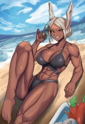 1girls abs absurdres alternate_hairstyle animal_ears aviator_sunglasses bare_shoulders barefoot beach bikini black_bikini blue_sky breasts can carrot cleavage cloud collarbone cooler dark-skinned_female dark_skin elbow_rest eyewear_removed feet food hair_bun highres holding holding_eyewear knee_up large_breasts long_eyelashes looking_at_viewer miruko muscular muscular_female my_hero_academia navel outdoors parted_bangs parted_lips popsicle rabbit_ears rabbit_girl raised_eyebrow reclining red_eyes rumi_usagiyama single_hair_bun sky smile soda_can solo soolee040995 stomach sunglasses sunglasses_removed swimsuit thighs tied_hair toenails toes toned toned_female usagiyama_rumi water white_hair