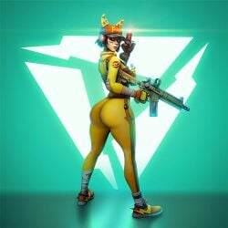 ass big_butt bodysuit curvy_body dat_ass farlight_84 fat_ass looking_at_viewer looking_back maggie_(farlight_84) pawg peace_sign photoshop short_hair thick_ass thick_thighs tight_clothing tomboy video_games weapon