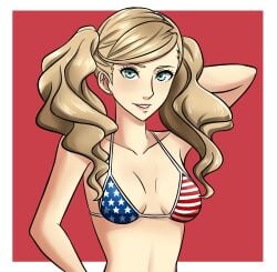 1girls alisa_(vallurite) american_flag_bikini ann_takamaki aqua_eyes atlus bikini blonde_hair breasts ear_piercing female female_only long_hair megami_tensei persona persona_5 pointy_chin solo twintails upper_body_focus