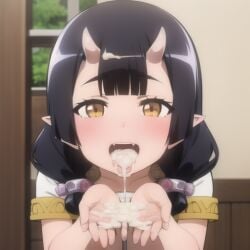 1girls adorable black_hair canines cum cum_in_hands cum_in_mouth cum_on_hands cum_on_tongue cum_pool cum_pooling cum_puddle cute drooling drooling_cum elf_ears female futoku_no_guild horn horns kawaii pointy_ears resumisu_care vampire_fangs vampire_teeth yellow_eyes young