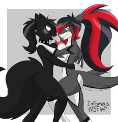 absurd_res anthro ass breasts briggite_shark canid canine duo embrace female female/female fish fox fur hi_res hug mammal marine pumpkinnaughty sandy_(sandford) shark