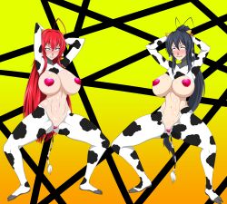 2girls ahoge akeno_himejima arms_behind_head arms_up big_breasts blue_eyes_female blue_hair blue_hair_female cow_ears cow_outfit cow_tail high_school_dxd huge_breasts long_blue_hair long_hair long_red_hair multiple_girls no_panties nose_piercing ponytail red_hair rias_gremory sihkygmojsn silly_face spread_legs squatting thick_thighs waist_length_hair