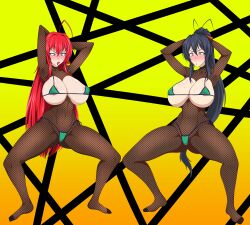 2girls ahoge akeno_himejima arms_behind_head arms_up big_breasts bikini_top blue_eyes_female blue_hair blue_hair_female fishnet_suit high_school_dxd huge_breasts long_blue_hair long_hair long_red_hair multiple_girls panties ponytail red_hair rias_gremory sihkygmojsn silly_face spread_legs squatting sweater thick_thighs waist_length_hair