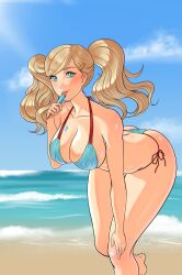 2023 ann_takamaki artist_name atlus beach bent_over bikini blonde_hair blue_eyes blush breasts female female_only hair_clip holding_popsicle megami_tensei persona persona_5 ponytails popsicle popsicle_on_breast side_ponytail solo thick_thighs xelaroseart